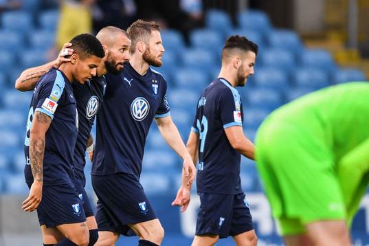 Guillermo Molins of Malmö FF celebrate with teammates