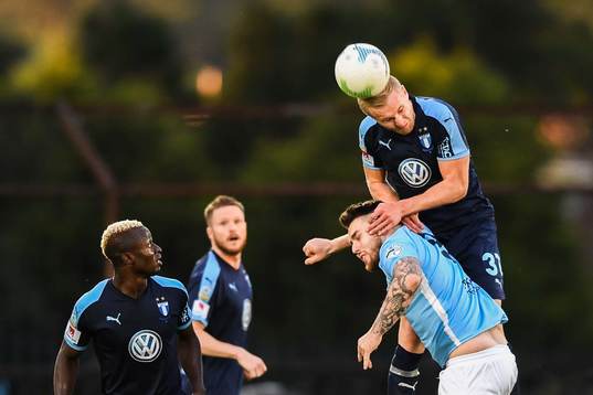 Franz Brorsson of Malmö FF and Cathair Friel of Ballymena