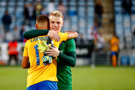 Jordan Larsson of IFK Norrköping and goalkeeper Isak