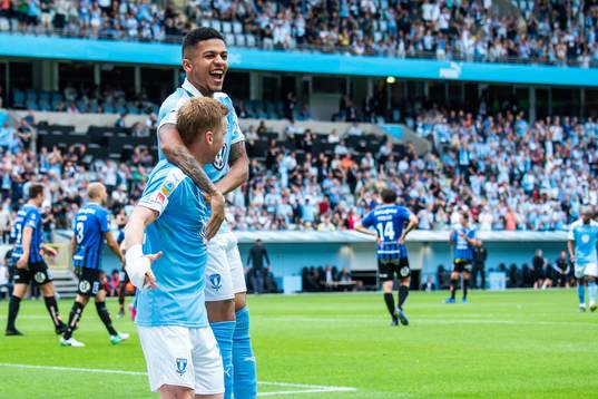 Malmö FFs Anders Christiansen jublar med Romain Gall