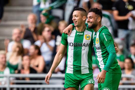 Hammarbys Imad Khalili och Nikola Djurdjic jublar