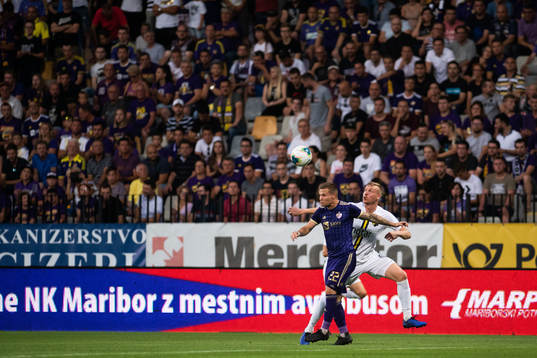 Martin Milec of Maribor compete for the ball with Kolbeinn
