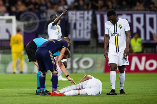 Referee Sascha Stegemann and a player of Maribor attends to