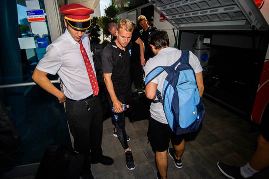 Oscar Lewicki of Malmö FF arrive at their hotel