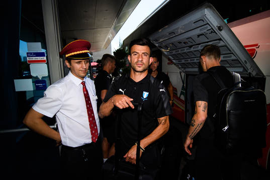 Behrang Safari of Malmö FF arrive at their hotel