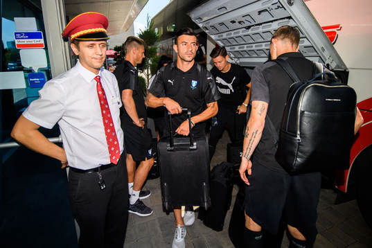Behrang Safari of Malmö FF arrive at their hotel
