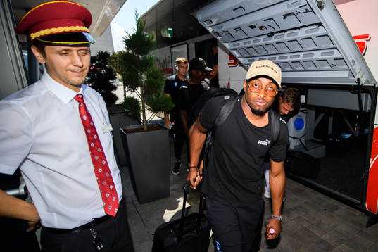 Fouad Bachirou of Malmö FF arrive at their hotel