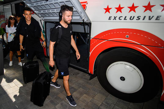 Jonas Knudsen and Erdal Rakip of Malmö FF arrive at their