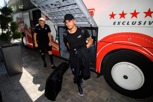 Romain Gall of Malmö FF arrive at their hotel