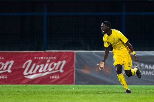 Shamar Nicholson of Domzale celebrates scoring 2-1