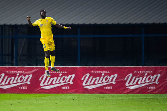 Shamar Nicholson of Domzale celebrates scoring 2-1