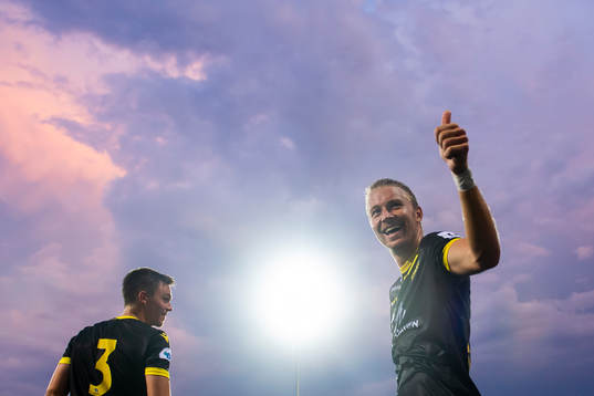 Espen Hammer Berger and Henrik Robstad of Start celebrate