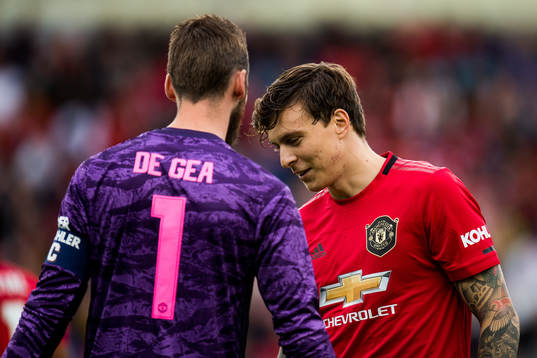 Goalkeeper David de Gea and Victor Lindelöf of Manchester