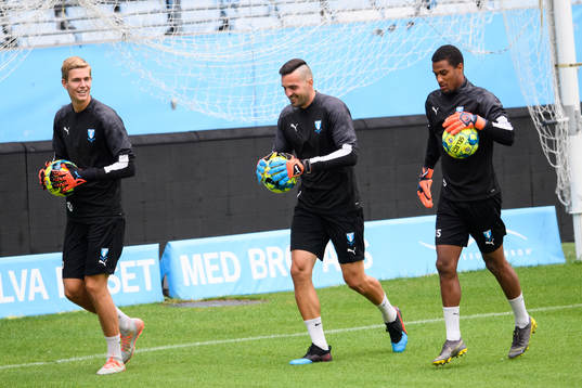 Goalkeepers Mathias Nilsson, Dusan Melicharek and Lamin