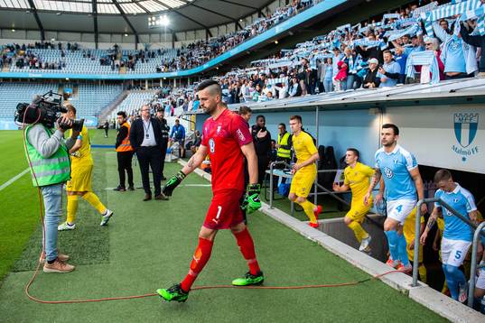 Goalkeeper Dusan Melicharek of Malmö FF enters the pitch