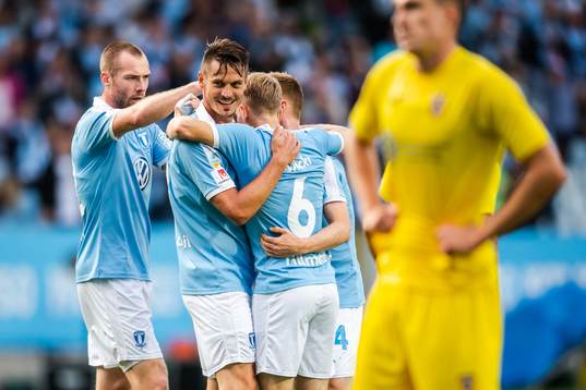 Oscar Lewicki and Markus Rosenberg of Malmö FF celebrate