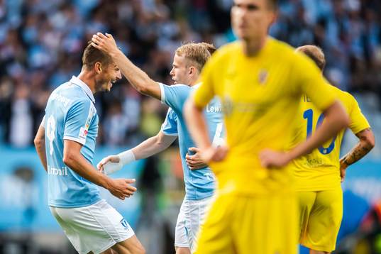 Oscar Lewicki and Markus Rosenberg of Malmö FF celebrate