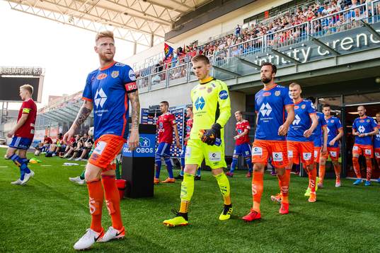 Fredrik Carlsen and goalkeeper Andreas Lie of Aalesund