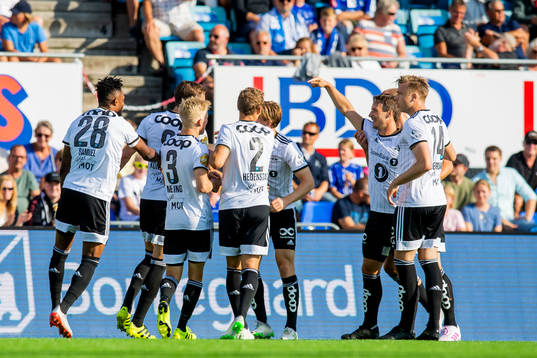 Mike Jensen of Rosenborg celebrates with his teammates