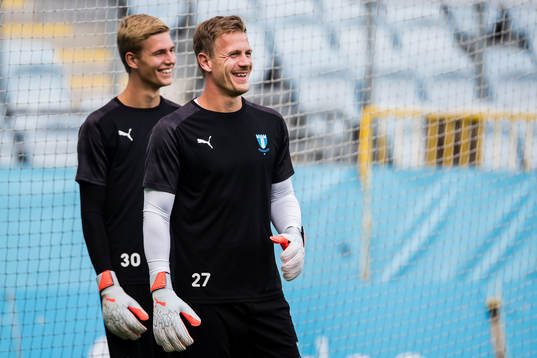 Goalkeeper Johan Dahlin and goalkeeper Lamin Sarr of Malmö