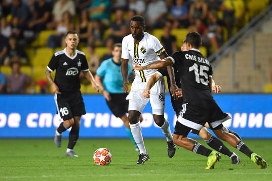 Henok Goitom of AIK in action against Cris Silva of Sheriff