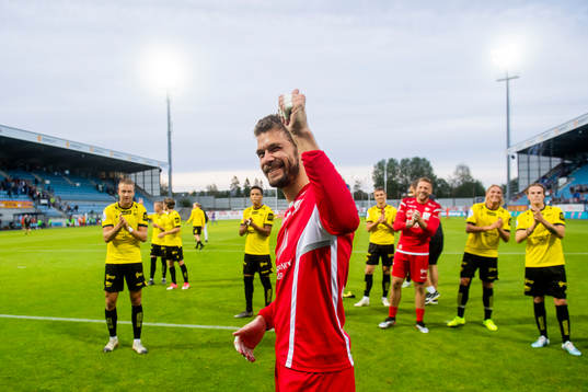 Goalkeeper Jonas Deumeland of Start celebrates with his