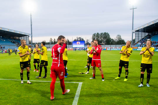Goalkeeper Jonas Deumeland of Start celebrates with his