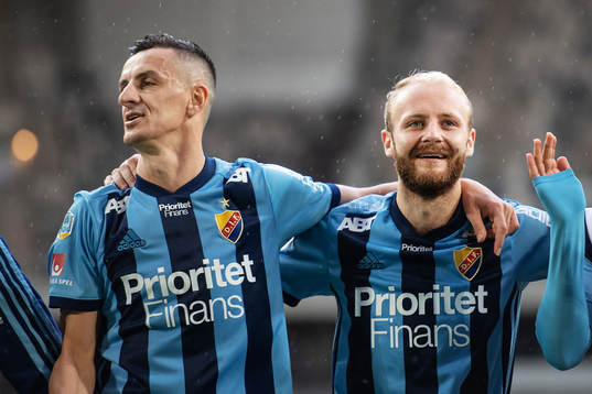 Djurgårdens Haris Radetinac och Curtis Edwards  jublar