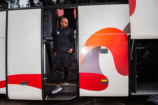 Fouad Bachirou of Malmö FF arrives at the team hotel head