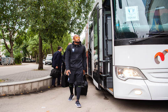 Fouad Bachirou of Malmö FF arrives at the team hotel head
