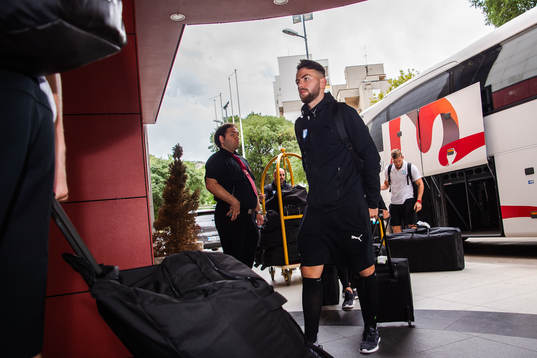 Erdal Rakip of Malmö FF arrives at the team hotel head of