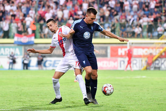 Stanisa Mandic of Zrinjski and Jonas Knudsen of Malmö FF