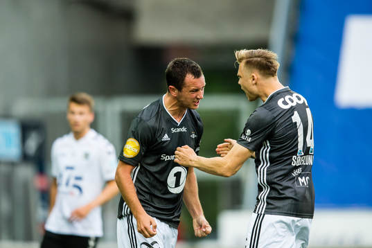 Even Hovland of Rosenborg celebrates with Alexander Toft