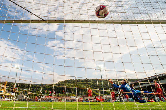 Stian Semb Aasmundsen of Mjøndalen scores the 1-0 goal