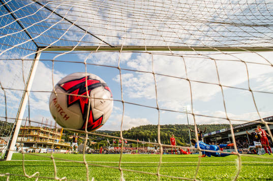 Stian Semb Aasmundsen of Mjøndalen scores the 1-0 goal