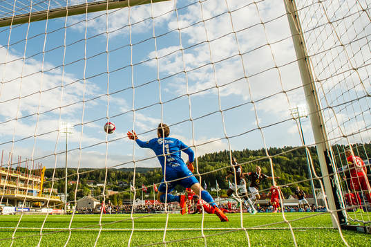 Stian Semb Aasmundsen of Mjøndalen scores the 1-0 goal