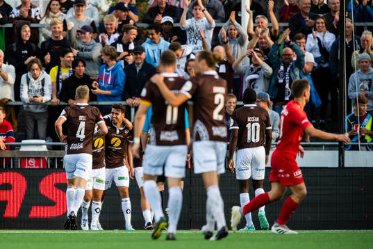 Vetle Winger Dragsnes of Mjøndalen celebrates