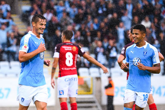 Malmö FFs Markus Rosenberg jublar med Romain Gall