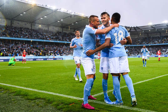 Malmö FFs Eric Larsson, Arnór Traustason och Romain Gall