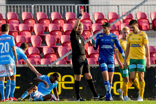 Referee Marius Lien gives Morten Sundli of Ull/Kisa a red