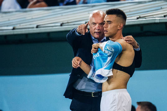 Uwe Rösler, head coach, and Jonas Knudsen of Malmö FF