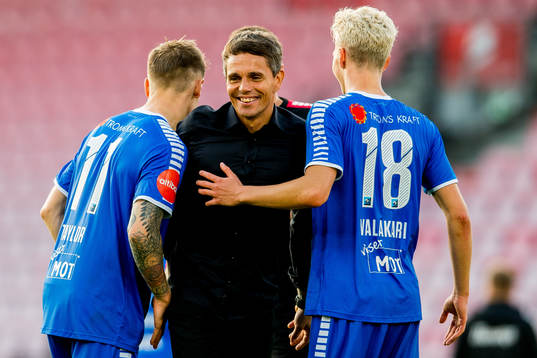 Simo Valakari, head coach of Tromsø, celebrates with