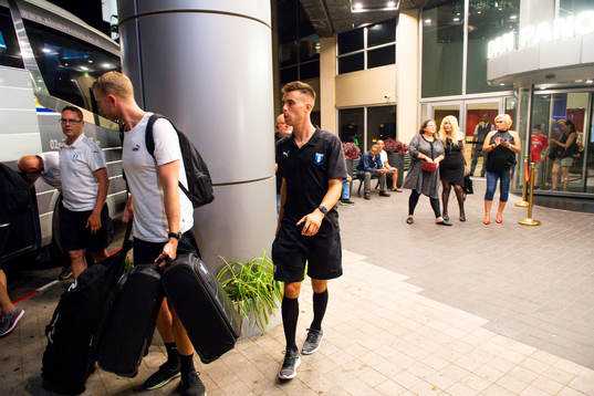 Jonas Knudsen of Malmö FF arrives at the team hotel