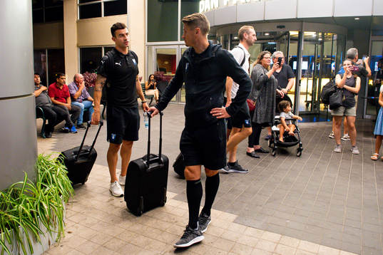 Behrang Safari and Markus Rosenberg of Malmö FF arrives at