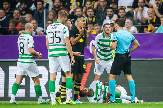 Nabil Bahoui of AIK receives a varning from referee Nikola