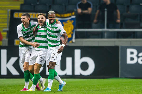 James Forrest of Celtic celebrate with teammates