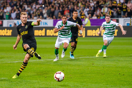 Sebastian Larsson of AIK scores 1-1 with a penalty