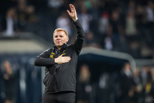 Neil Lennon, head coach of Celtic celebrates