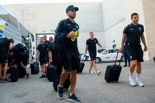 Romain Gall and Behrang Safari of Malmö FF arrives to the