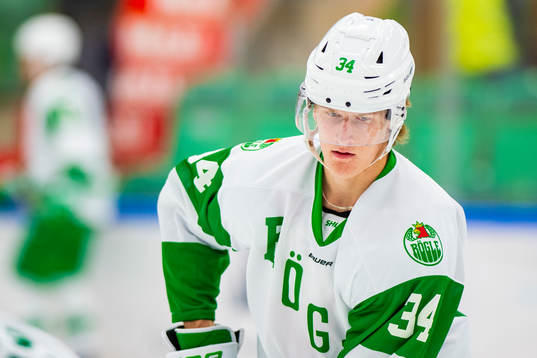 Rögles  Adam Edström innan en träningsmatch i ishockey